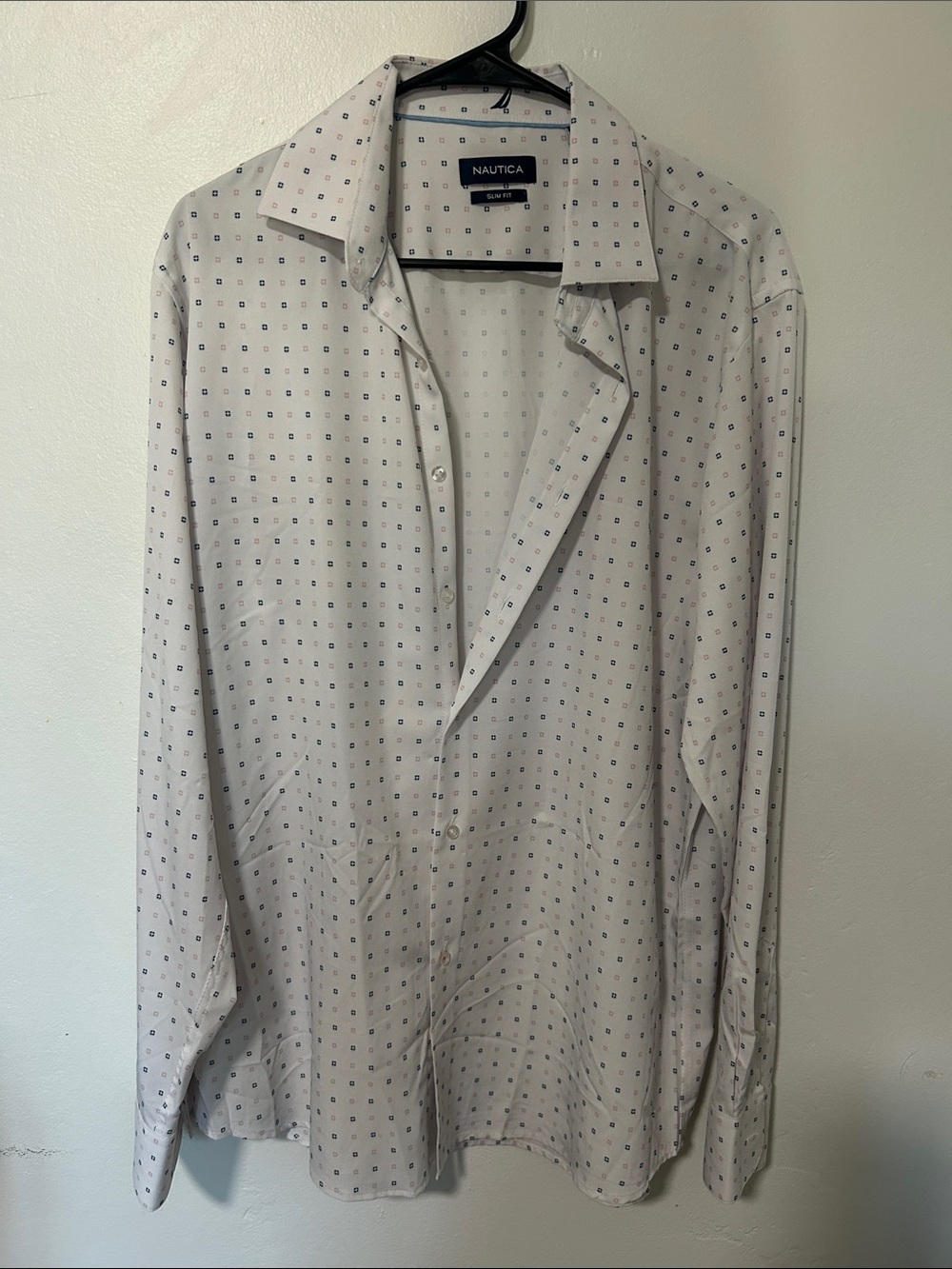 Nautica White Button-Up Shirt with Navy and Light Pink Micro Print